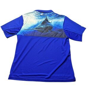 HUK Polo Shirt Mens M Fishing Blue Sailfish Print Lightweight Performance